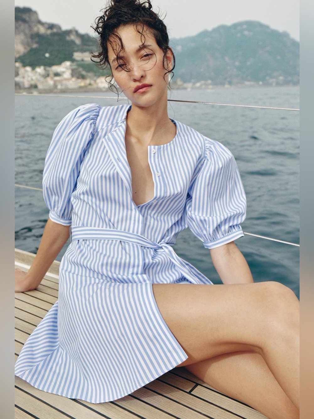 Zara Light Blue and White Vertical Stripe Puff-Sleeve Mini Dress